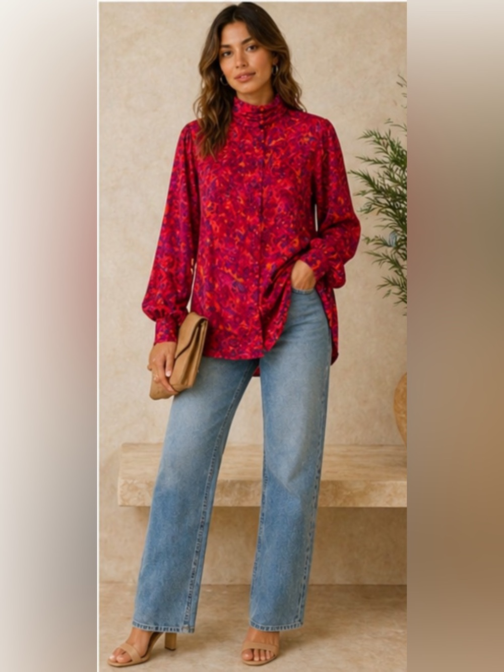 Vintage 80s Silk Feel High Neck Blouse Andre Sauvage Abstract Print M